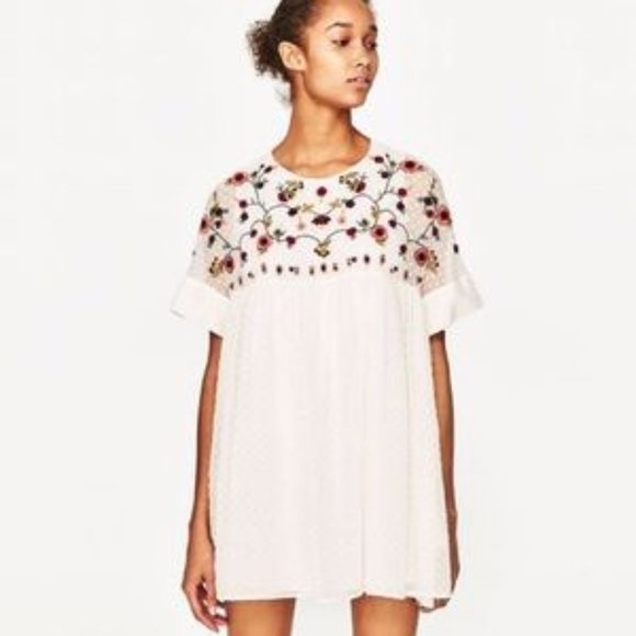 Zara Dresses & Skirts - ZARA Embroidered Boho Womens XS White Floral Romper Mini Dress Jumpsuit